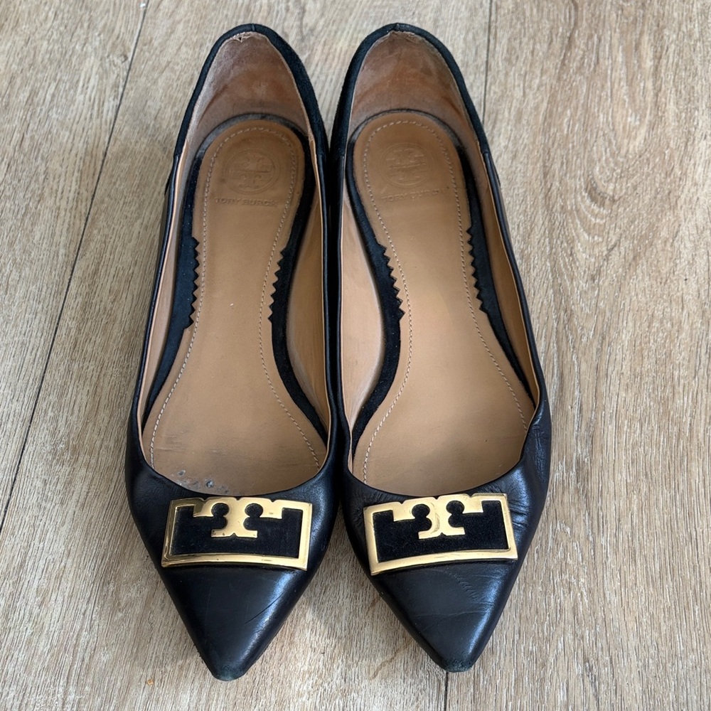 Black Leather Flats with Gold Accent